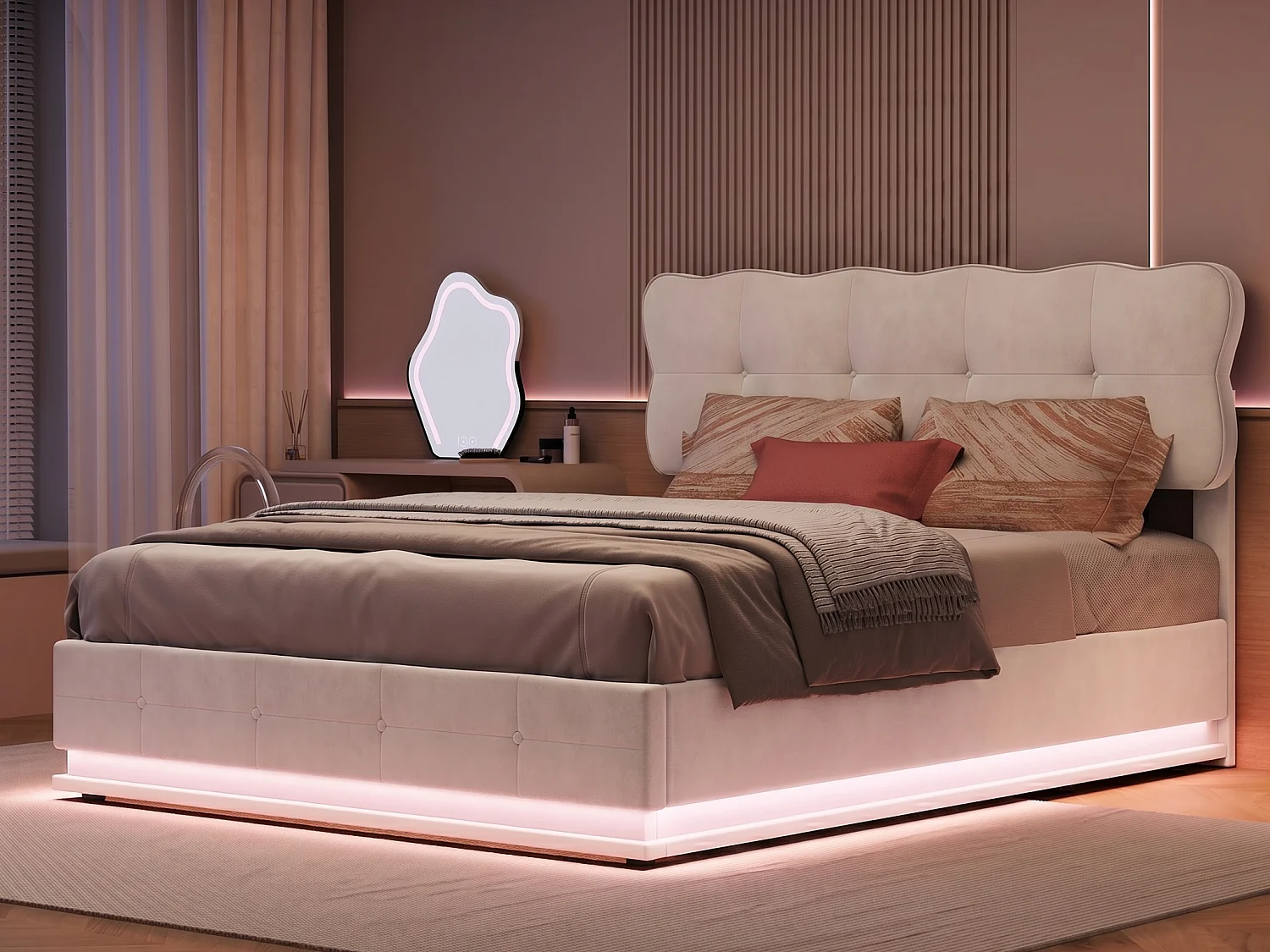 Lit coffre 140x190 cm avec sommier à lattes, éclairage LED et rangement intégré, lit double en velours crème