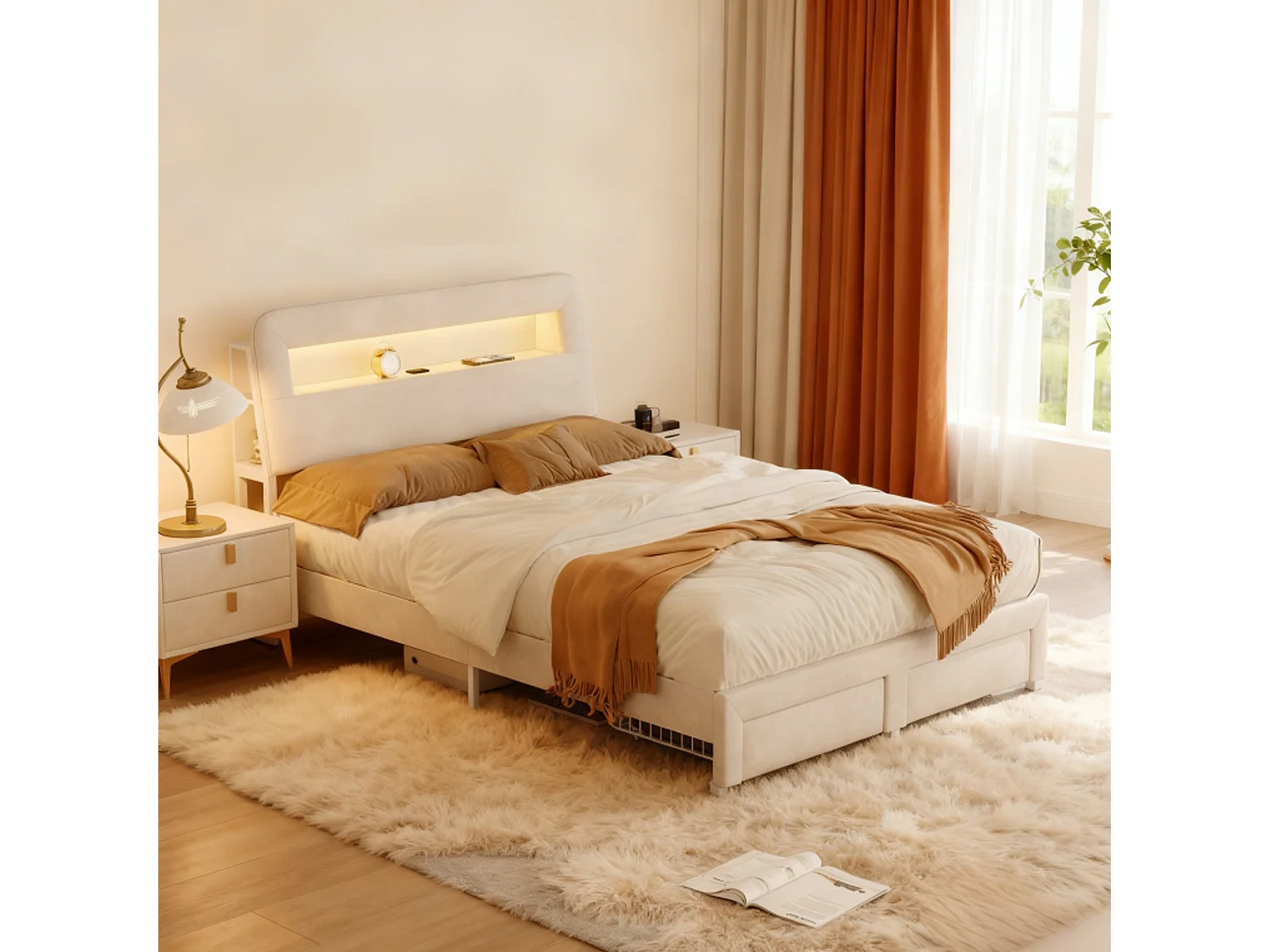 Lit adulte 160x200 cm tissu en velours avec sommier à lattes, lit tiroir 160x200 cm avec LED et USB , style scandinave, rangement soldes, blanc casse