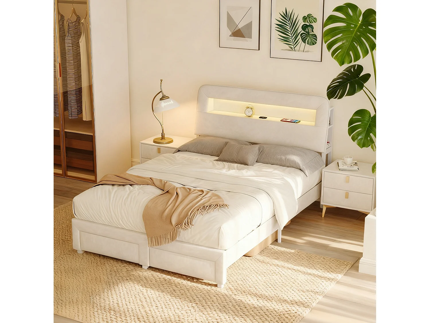 Lit adulte 160x200 cm tissu en velours avec sommier à lattes, lit tiroir 160x200 cm avec LED et USB , style scandinave, rangement soldes, blanc casse