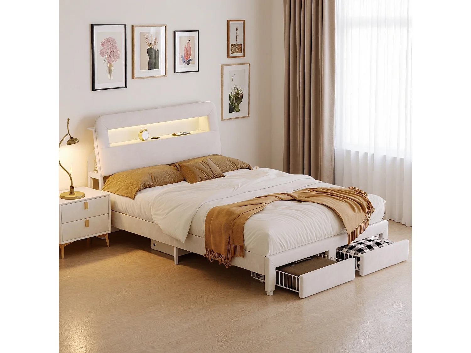 Lit adulte 160x200 cm tissu en velours avec sommier à lattes, lit tiroir 160x200 cm avec LED et USB , style scandinave, rangement soldes, blanc casse