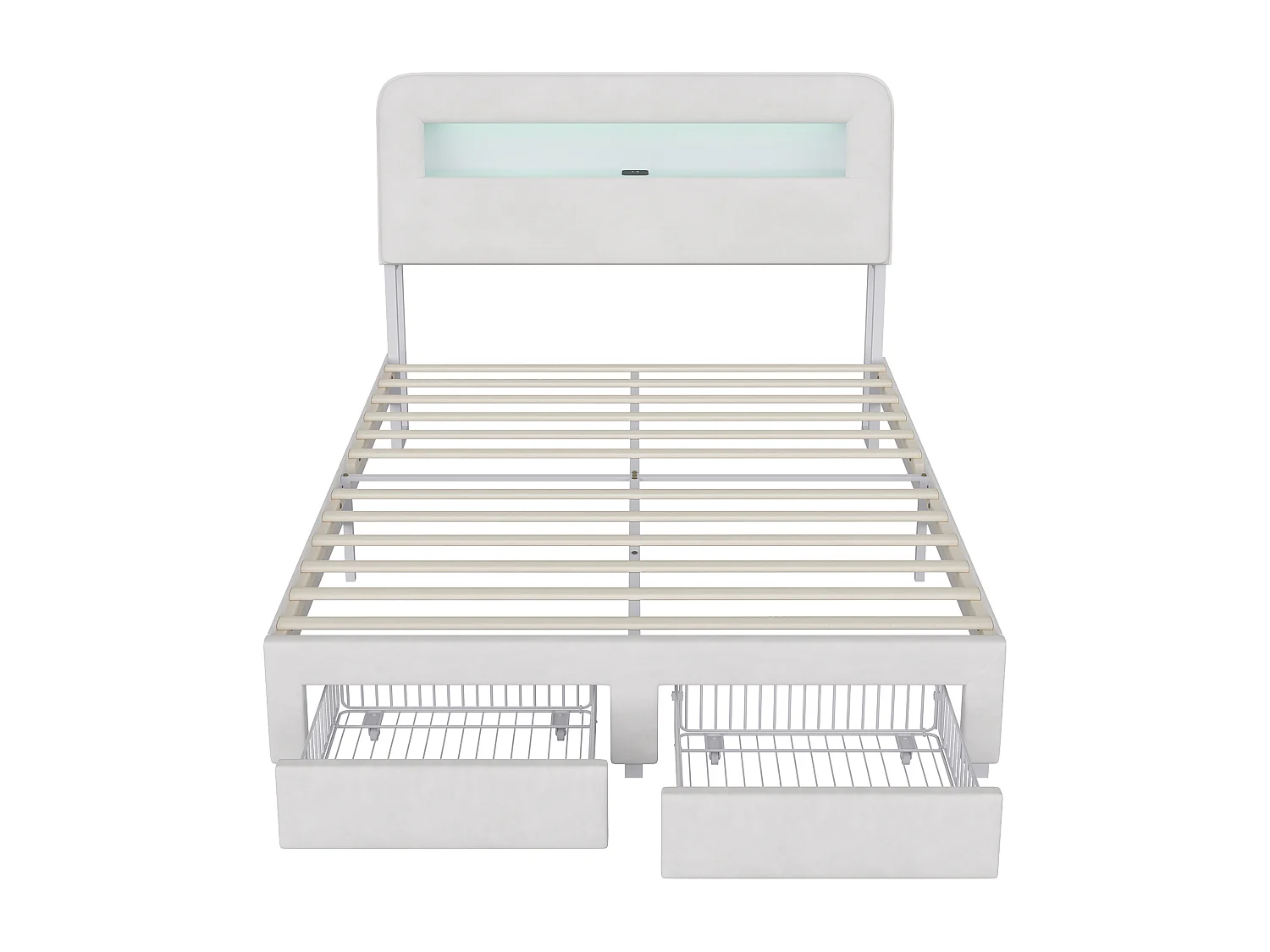 Lit adulte 160x200 cm tissu en velours avec sommier à lattes, lit tiroir 160x200 cm avec LED et USB , style scandinave, rangement soldes, blanc casse