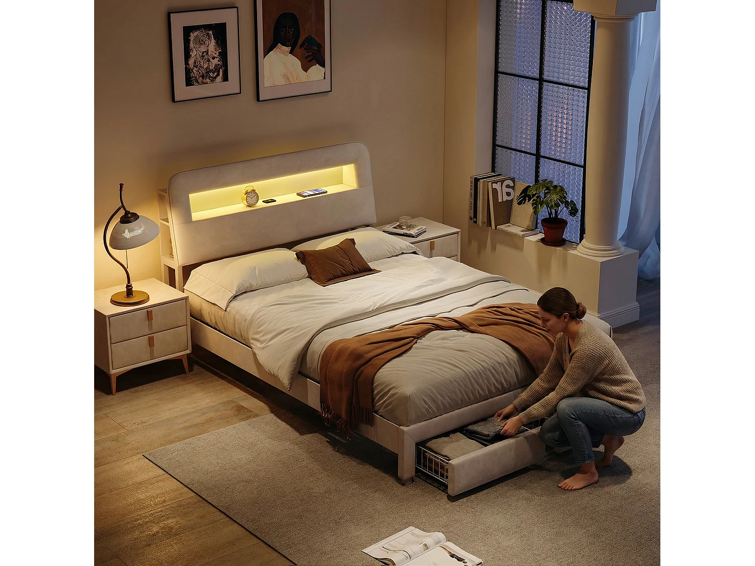 Lit double 160 x 200 cm avec sommier à lattes et tiroir de rangement – Éclairage LED, ports USB et revêtement en velours blanc cassé – Style scandinave