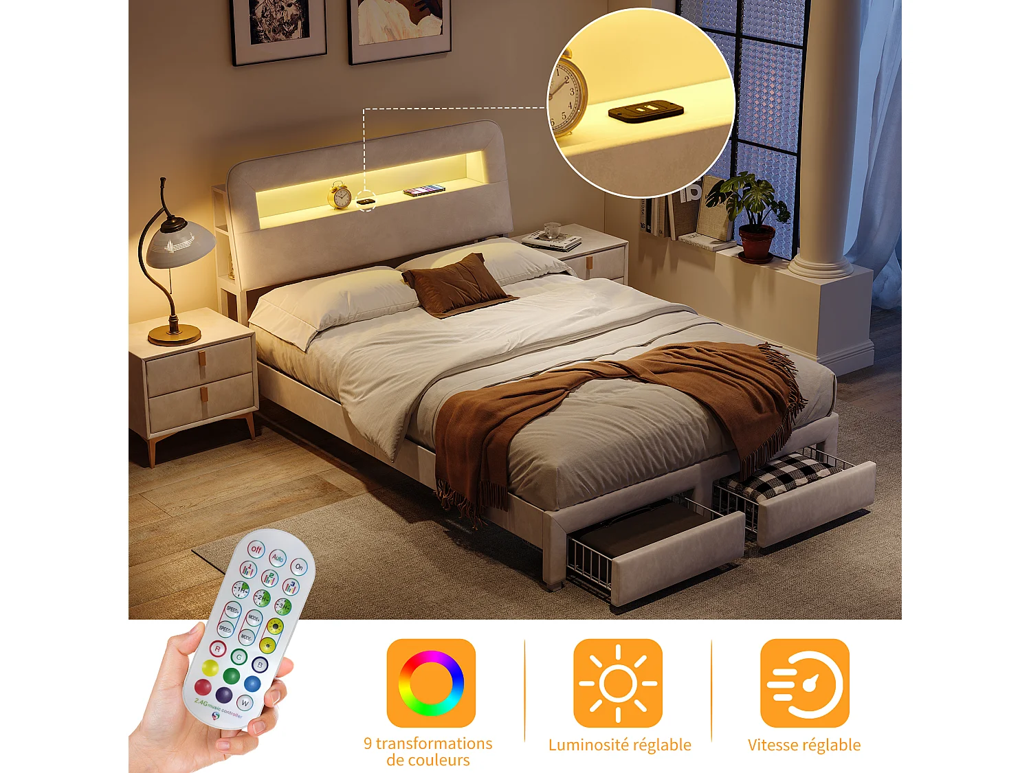 Lit double 160 x 200 cm avec sommier à lattes et tiroir de rangement – Éclairage LED, ports USB et revêtement en velours blanc cassé – Style scandinave