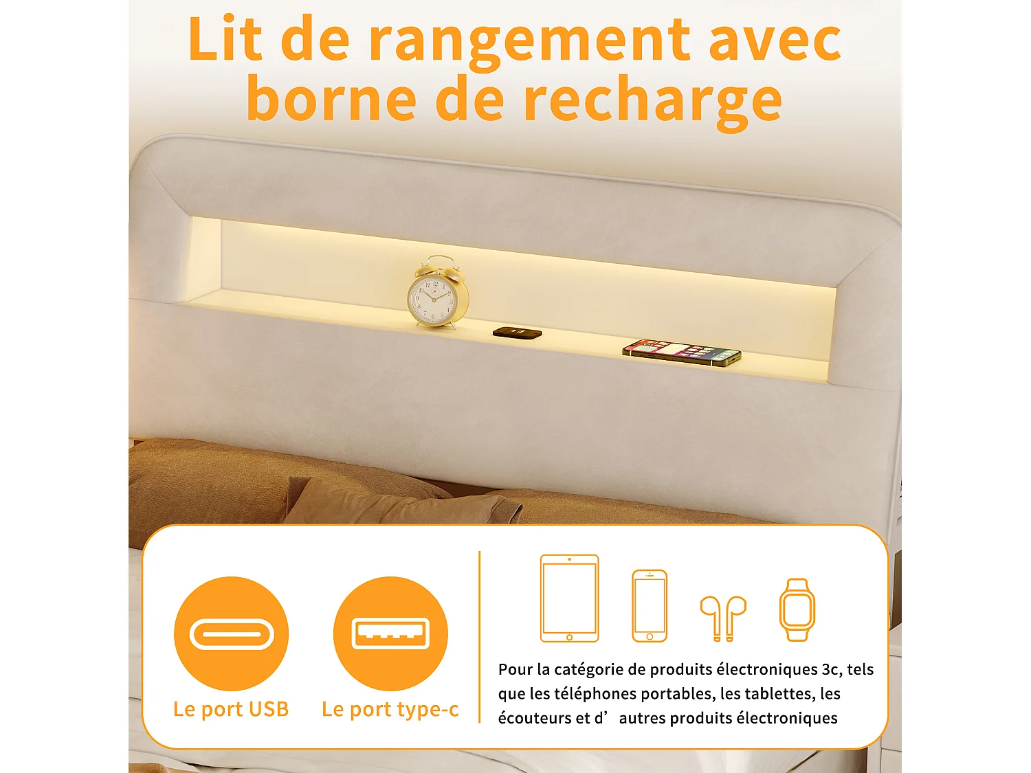 Lit double 160 x 200 cm avec sommier à lattes et tiroir de rangement – Éclairage LED, ports USB et revêtement en velours blanc cassé – Style scandinave