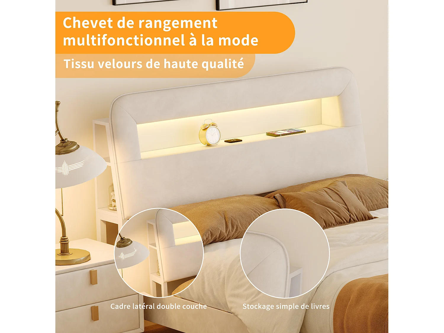 Lit double 160 x 200 cm avec sommier à lattes et tiroir de rangement – Éclairage LED, ports USB et revêtement en velours blanc cassé – Style scandinave
