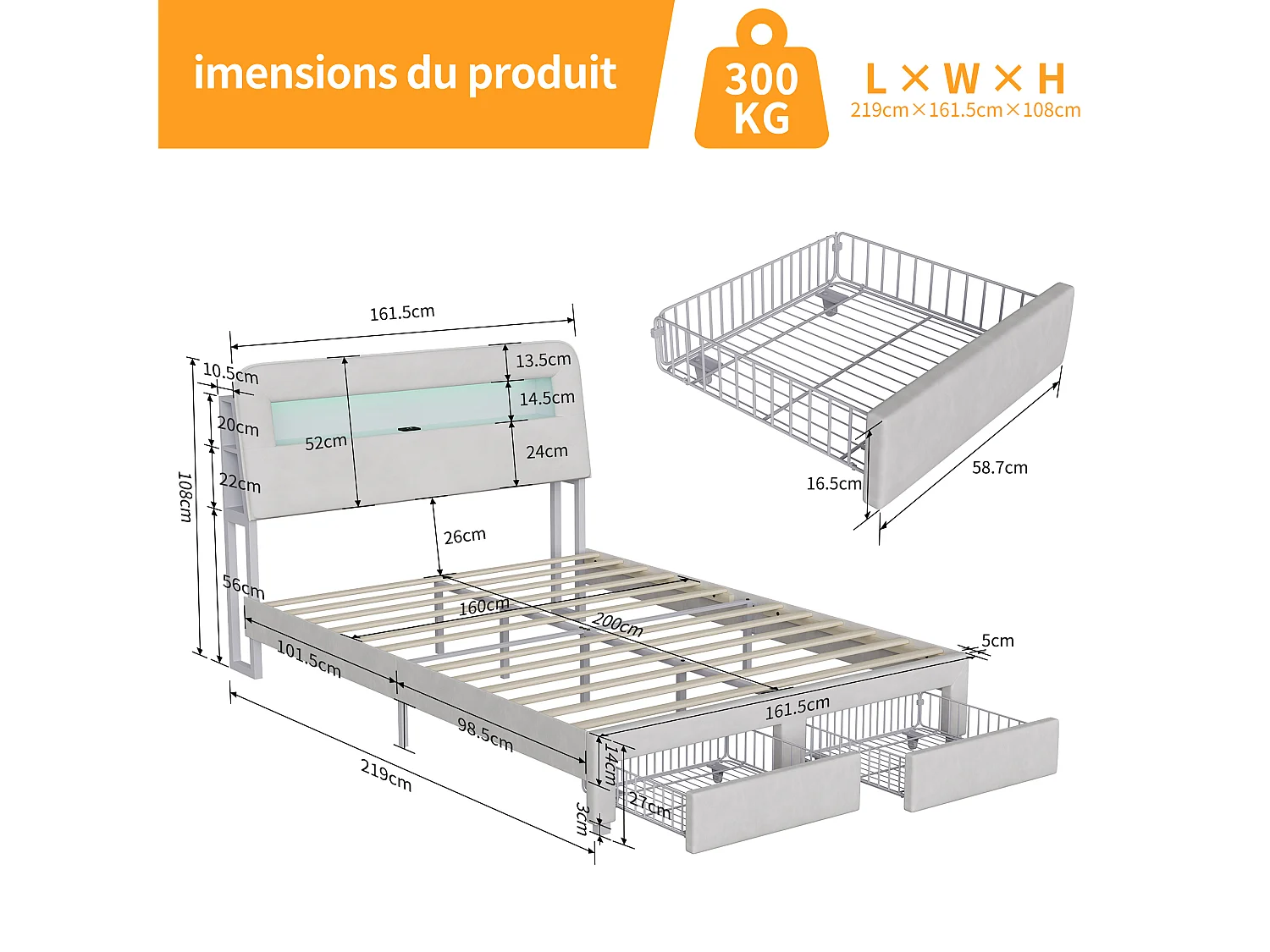 Lit double 160 x 200 cm avec sommier à lattes et tiroir de rangement – Éclairage LED, ports USB et revêtement en velours blanc cassé – Style scandinave