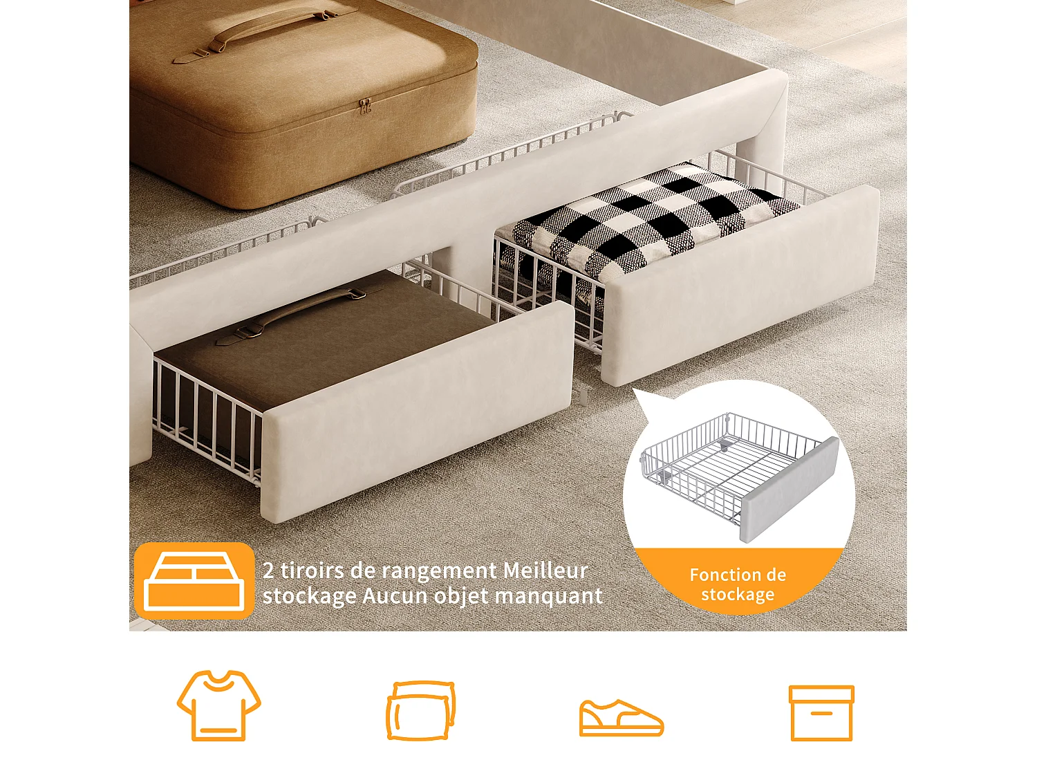 Lit double 160 x 200 cm avec sommier à lattes et tiroir de rangement – Éclairage LED, ports USB et revêtement en velours blanc cassé – Style scandinave