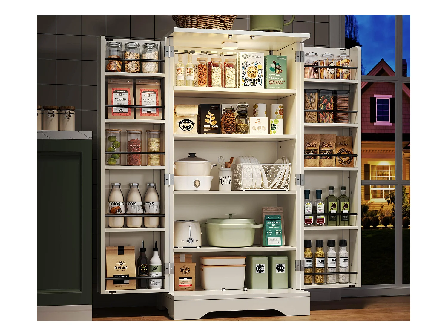 Buffet de cuisine 60x40x120cm - avec capteur de lumière LED - avec 2 portes - avec étagères - design moderne - Blanc