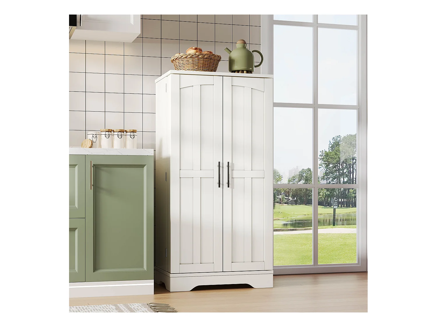 Buffet de cuisine 60x40x120cm - avec capteur de lumière LED - avec 2 portes - avec étagères - design moderne - Blanc