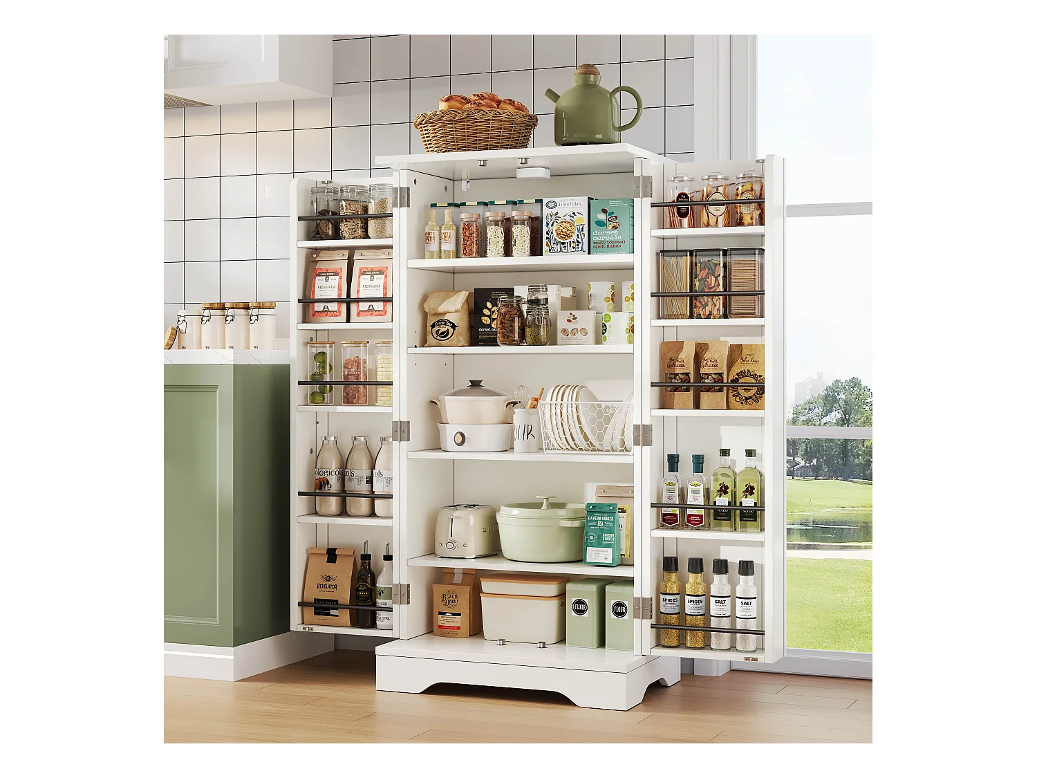 Buffet de cuisine 60x40x120cm - avec capteur de lumière LED - avec 2 portes - avec étagères - design moderne - Blanc