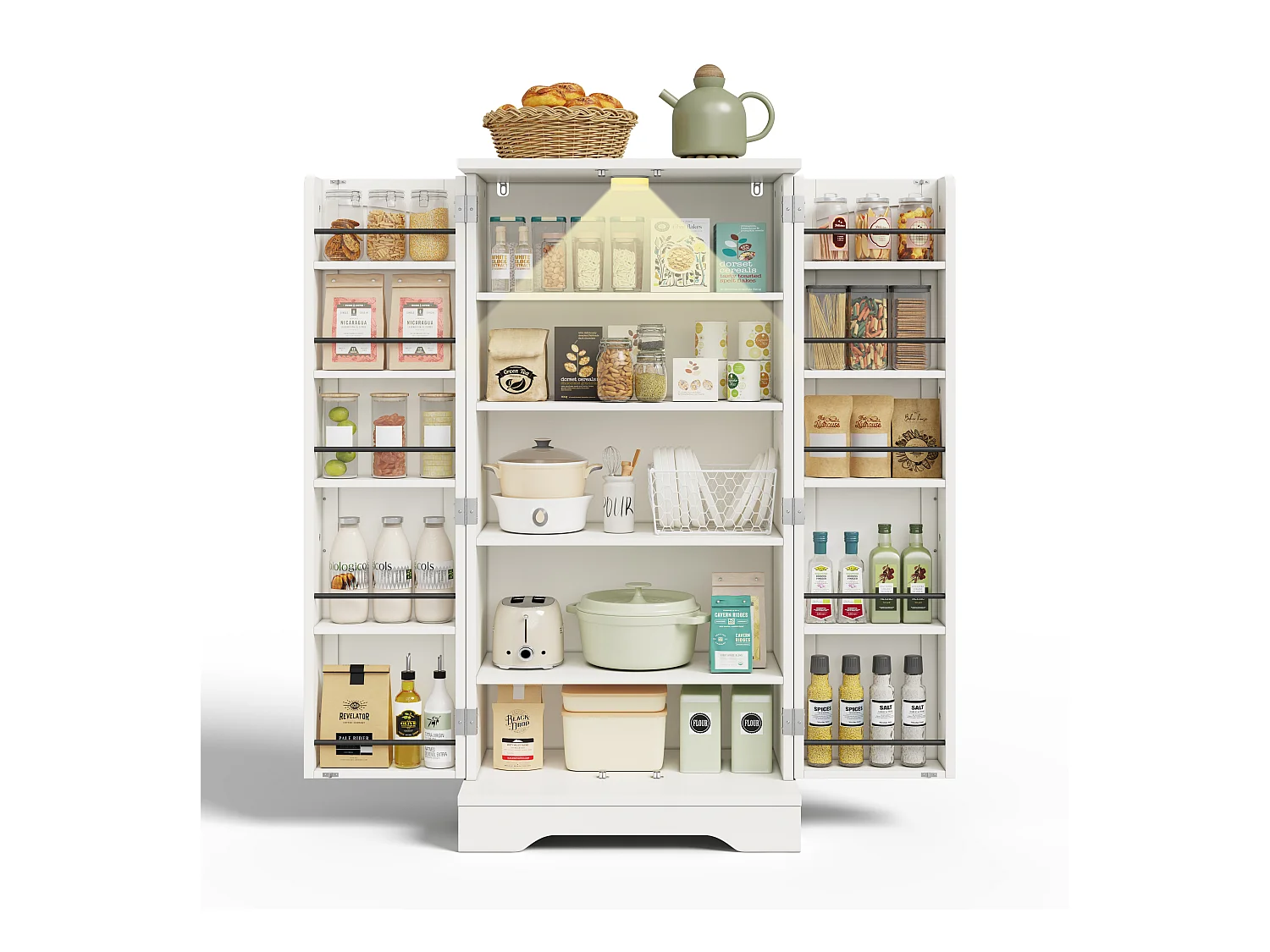 Buffet de cuisine 60x40x120cm - avec capteur de lumière LED - avec 2 portes - avec étagères - design moderne - Blanc