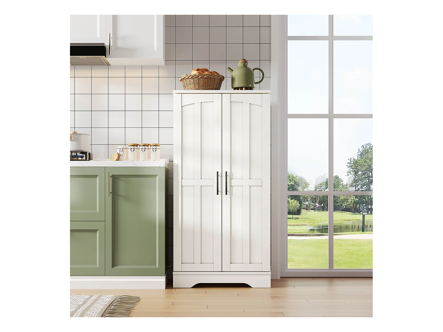 Buffet de cuisine 60x40x120cm - avec capteur de lumière LED - avec 2 portes - avec étagères - design moderne - Blanc