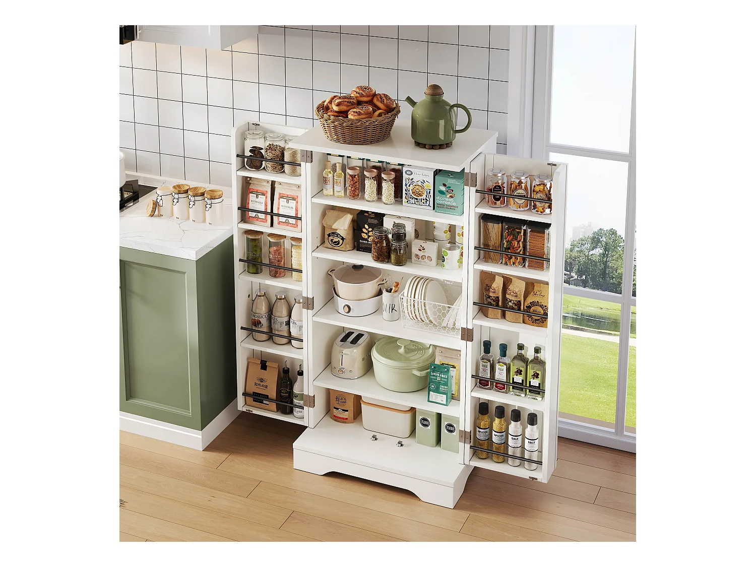 Buffet de cuisine 60x40x120cm - avec capteur de lumière LED - avec 2 portes - avec étagères - design moderne - Blanc