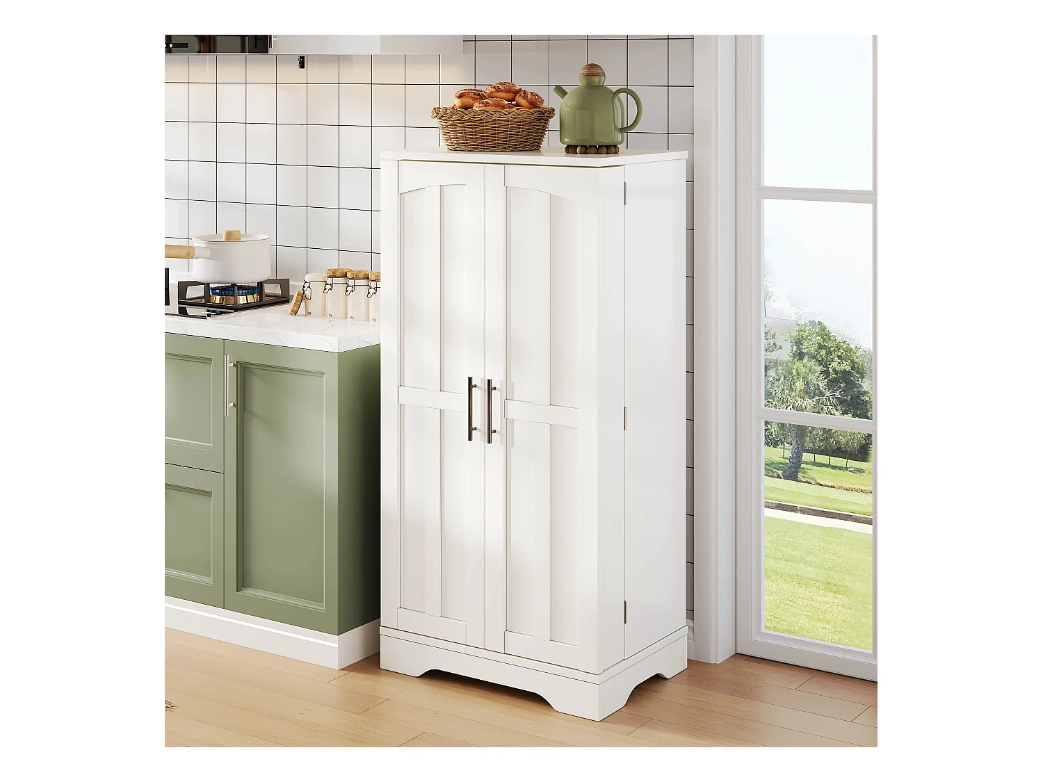 Buffet de cuisine 60x40x120cm - avec capteur de lumière LED - avec 2 portes - avec étagères - design moderne - Blanc