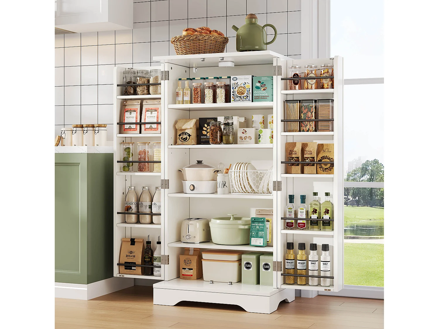 Credenza da cucina 60x40x120 cm - con sensore di luce LED - con 2 ante - con ripiani - design moderno - Bianco