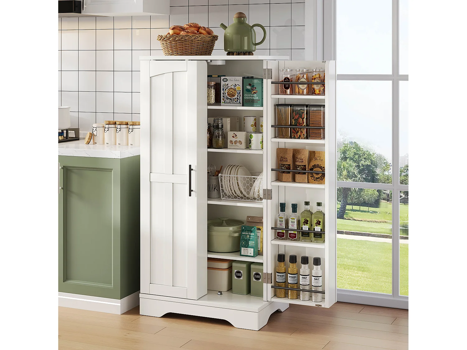 Buffet de cuisine 60x40x120cm - avec capteur de lumière LED - avec 2 portes - avec étagères - design moderne - Blanc