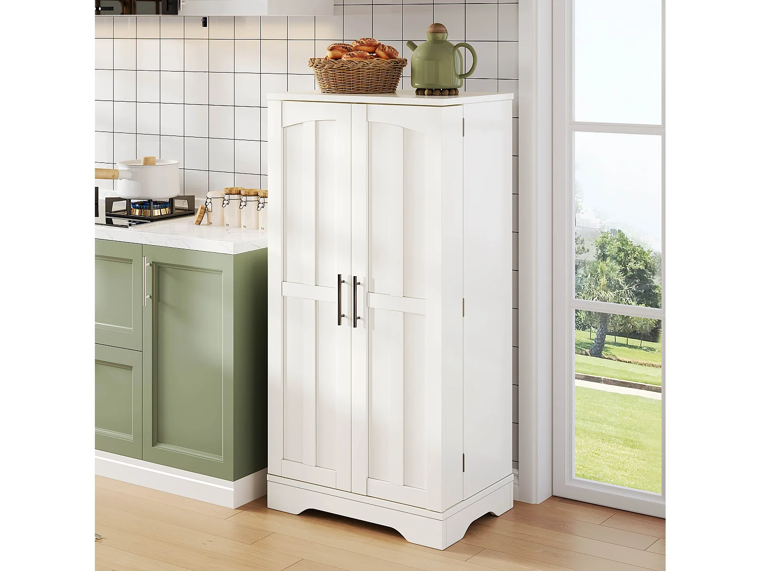 Buffet de cuisine 60x40x120cm - avec capteur de lumière LED - avec 2 portes - avec étagères - design moderne - Blanc