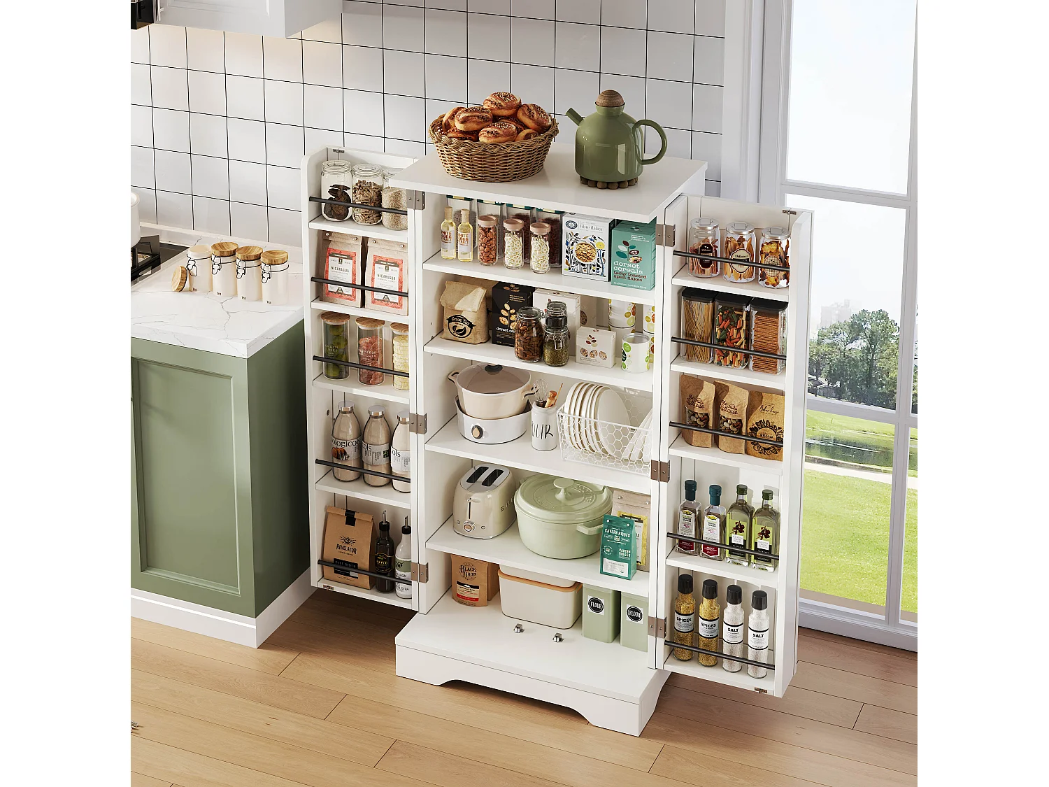 Buffet de cuisine 60x40x120cm - avec capteur de lumière LED - avec 2 portes - avec étagères - design moderne - Blanc