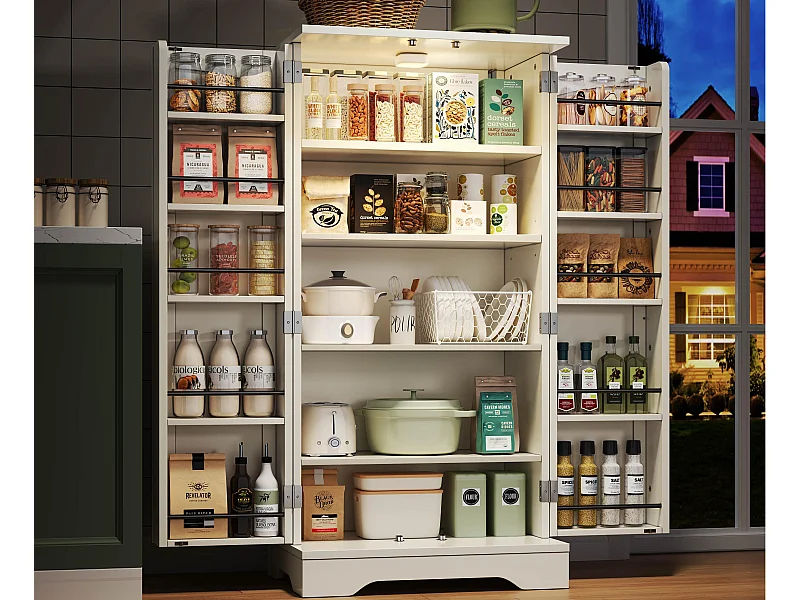 Buffet de cuisine 60x40x120cm - avec capteur de lumière LED - avec 2 portes - avec étagères - design moderne - Blanc