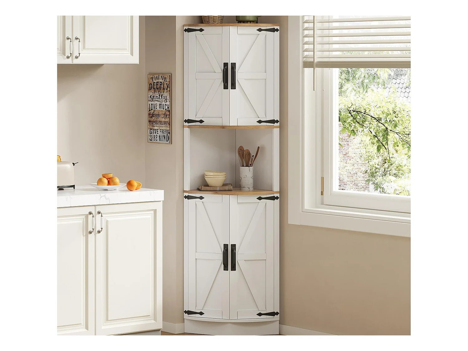 Buffet de cuisine 39.5x39.5x180cm - avec 4 portes et 5 compartiments de rangement - design rétro - Blanc