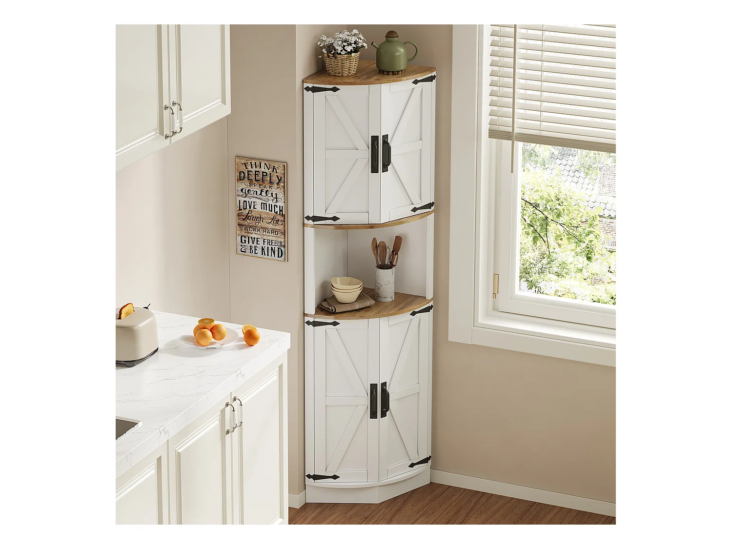 Buffet de cuisine 39.5x39.5x180cm - avec 4 portes et 5 compartiments de rangement - design rétro - Blanc