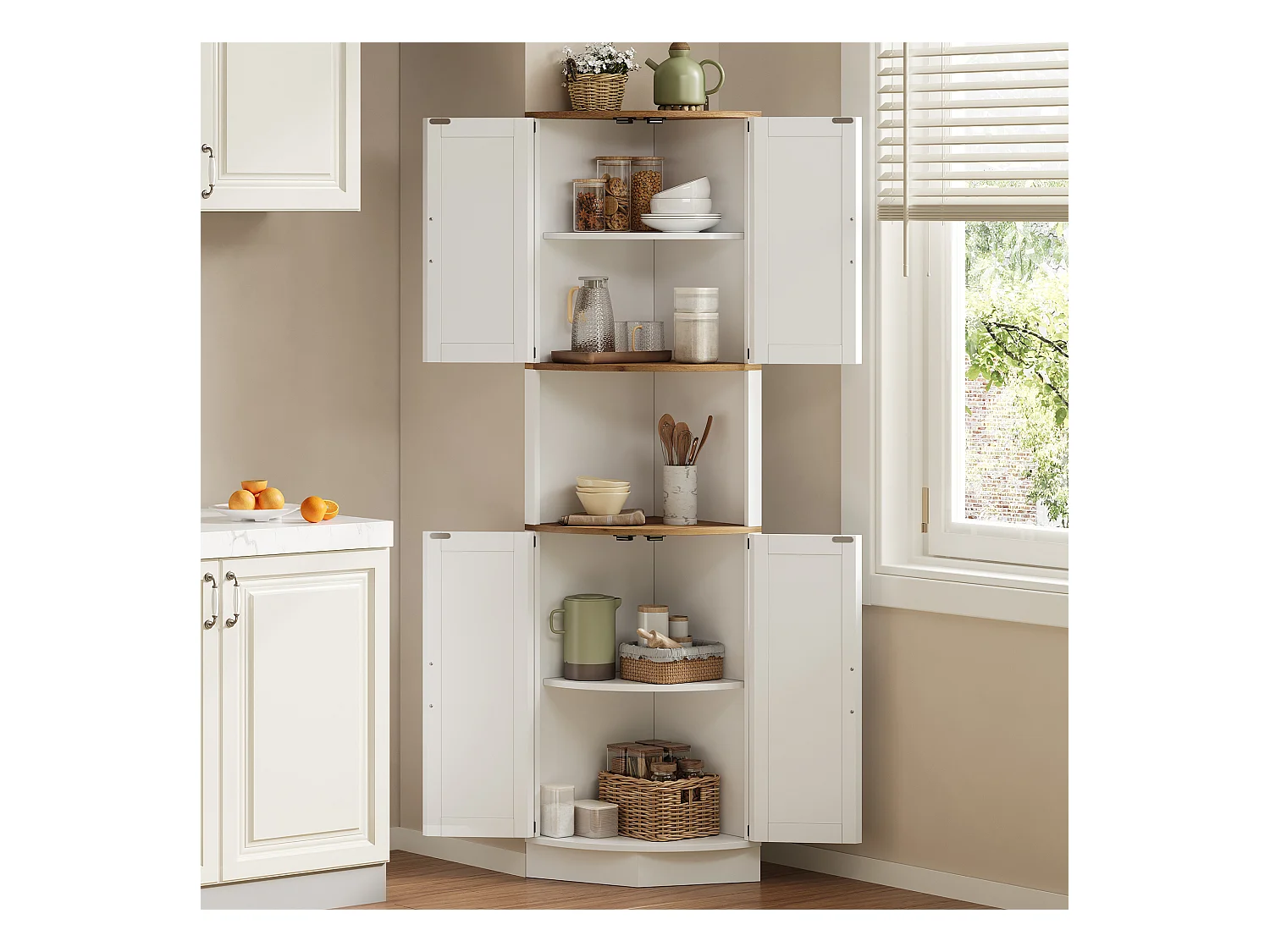 Buffet de cuisine 39.5x39.5x180cm - avec 4 portes et 5 compartiments de rangement - design rétro - Blanc