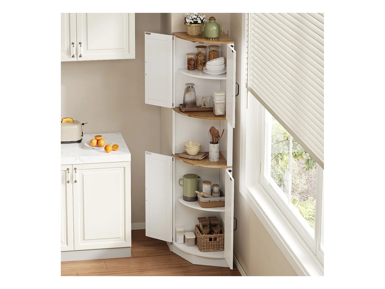 Buffet de cuisine 39.5x39.5x180cm - avec 4 portes et 5 compartiments de rangement - design rétro - Blanc