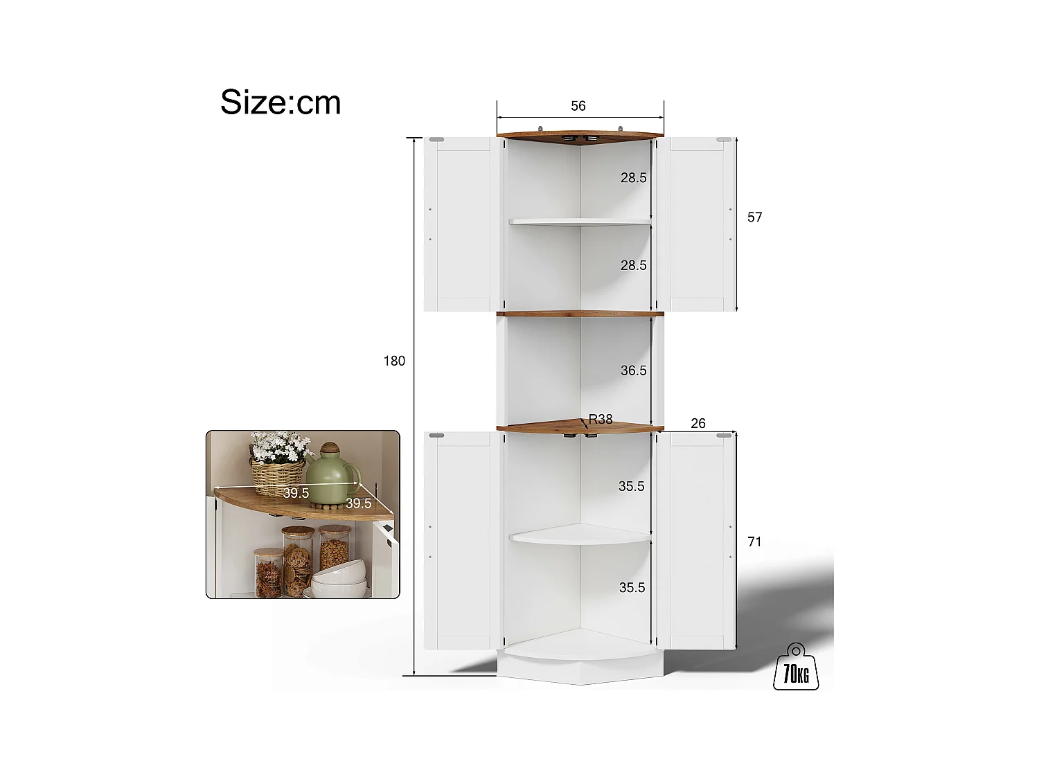 Buffet de cuisine 39.5x39.5x180cm - avec 4 portes et 5 compartiments de rangement - design rétro - Blanc
