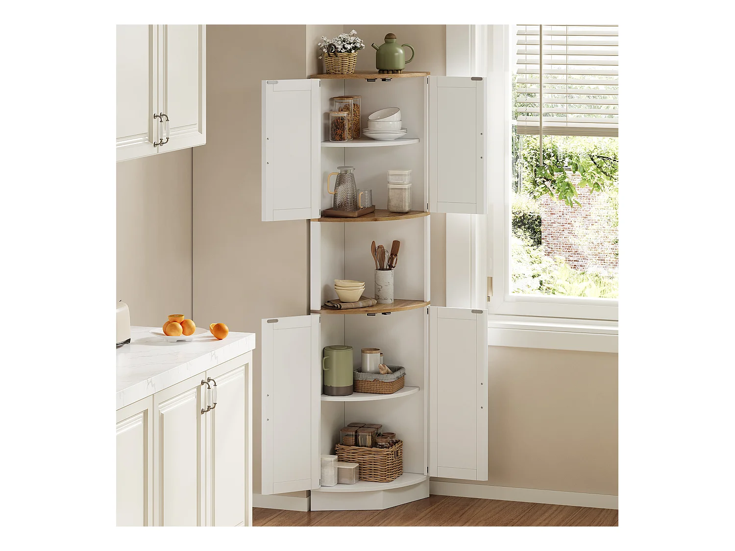 Buffet de cuisine 39.5x39.5x180cm - avec 4 portes et 5 compartiments de rangement - design rétro - Blanc