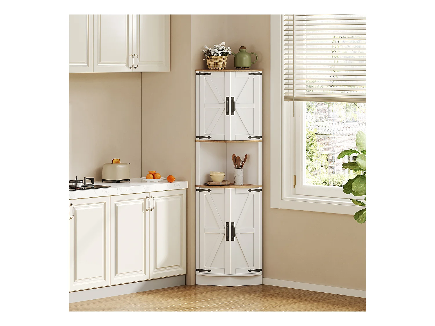 Buffet de cuisine 39.5x39.5x180cm - avec 4 portes et 5 compartiments de rangement - design rétro - Blanc