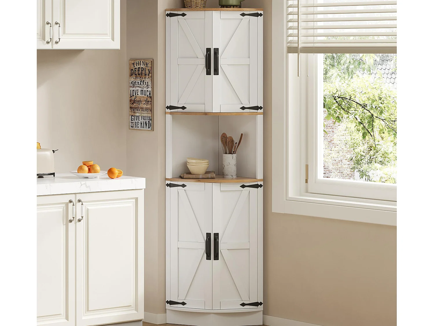 Buffet de cuisine 39.5x39.5x180cm - avec 4 portes et 5 compartiments de rangement - design rétro - Blanc