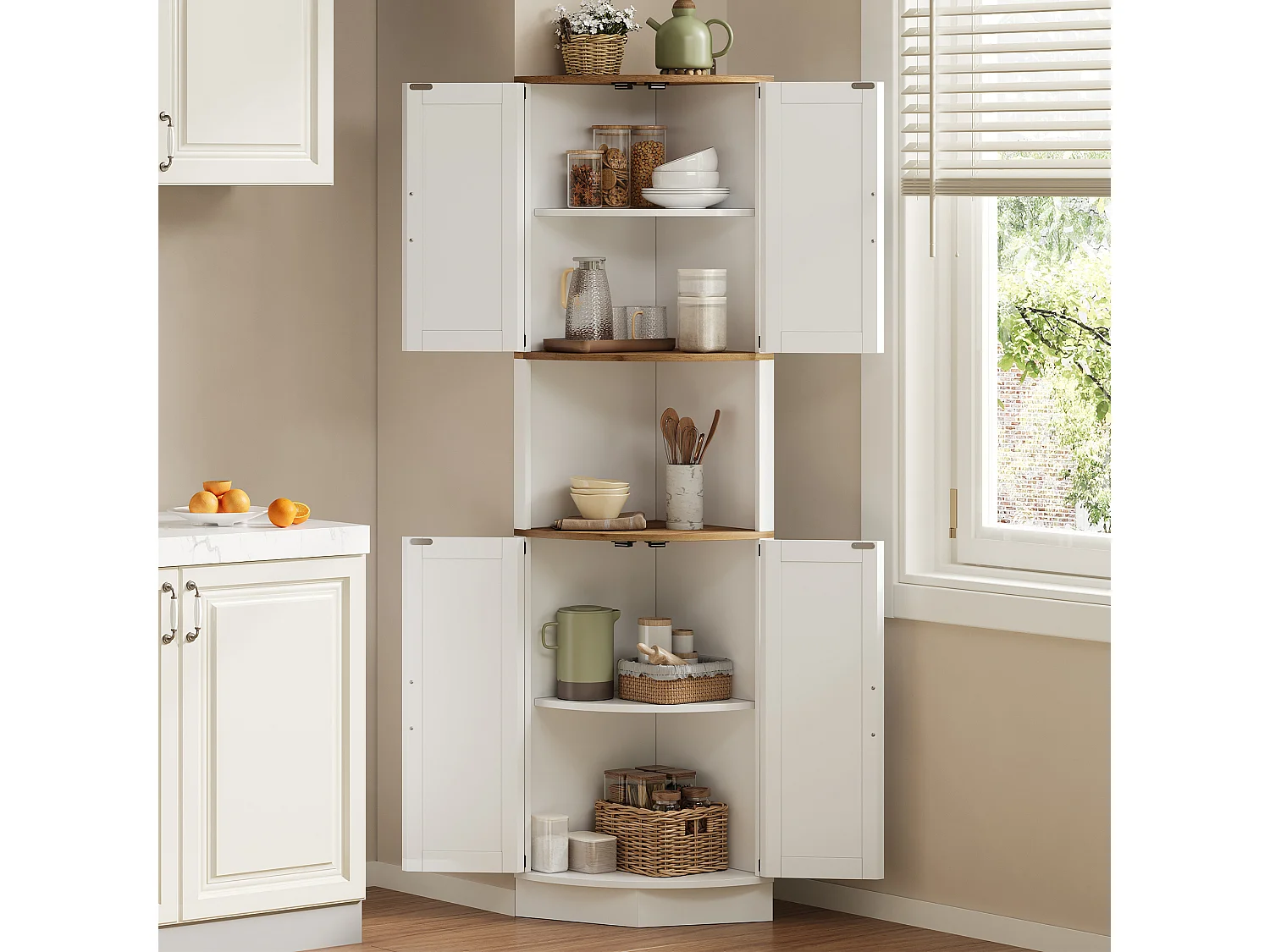 Buffet de cuisine 39.5x39.5x180cm - avec 4 portes et 5 compartiments de rangement - design rétro - Blanc