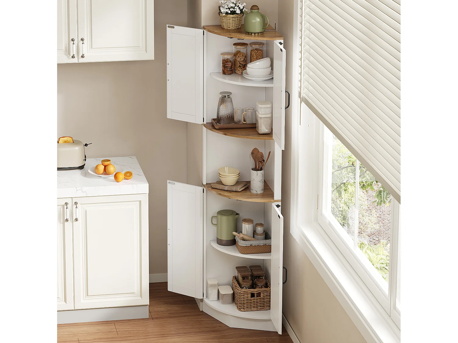 Buffet de cuisine 39.5x39.5x180cm - avec 4 portes et 5 compartiments de rangement - design rétro - Blanc