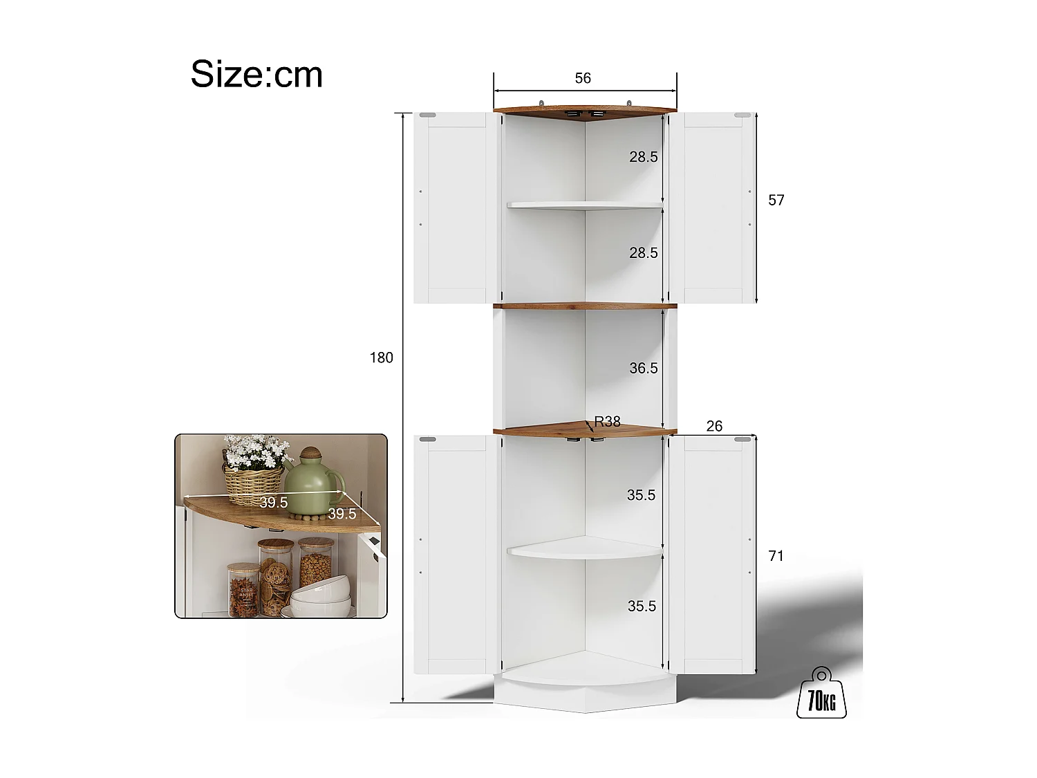 Buffet de cuisine 39.5x39.5x180cm - avec 4 portes et 5 compartiments de rangement - design rétro - Blanc