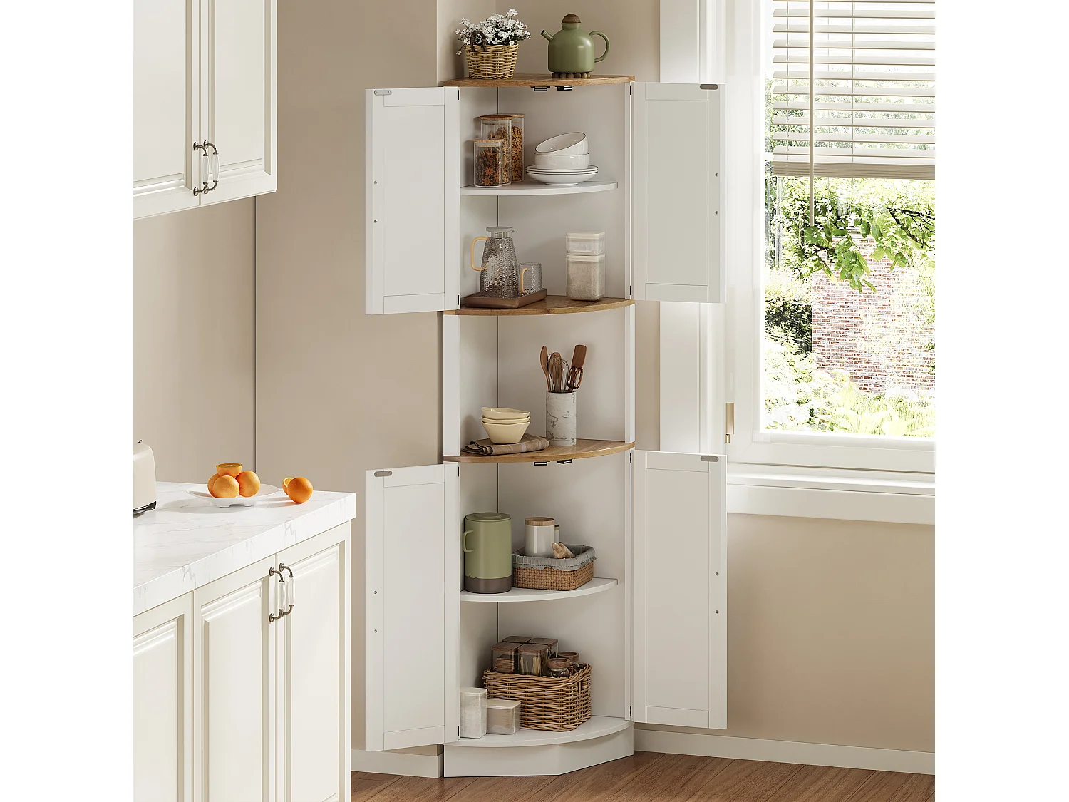 Buffet de cuisine 39.5x39.5x180cm - avec 4 portes et 5 compartiments de rangement - design rétro - Blanc