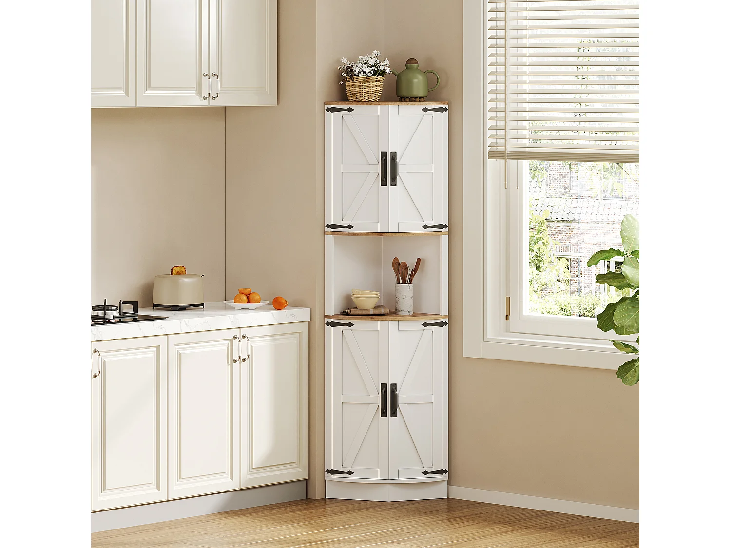 Buffet de cuisine 39.5x39.5x180cm - avec 4 portes et 5 compartiments de rangement - design rétro - Blanc