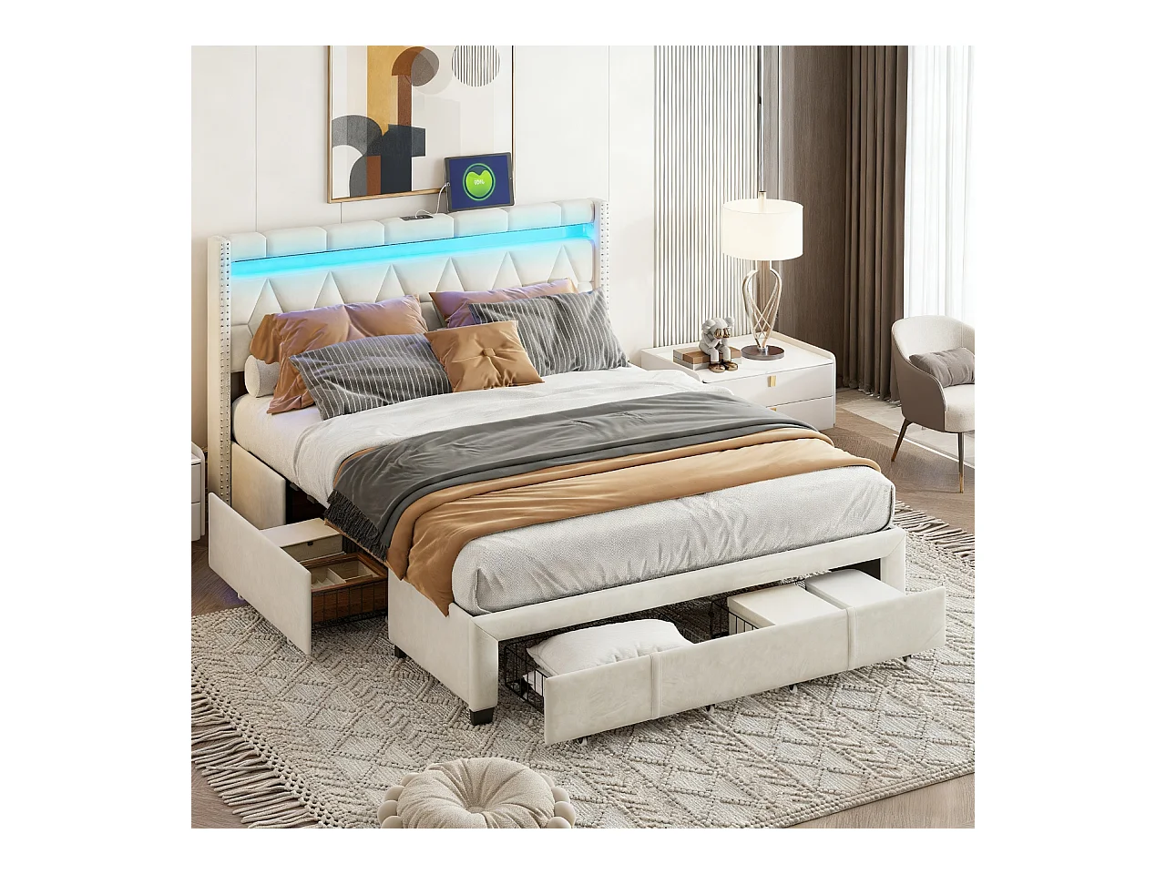 Lit 160x200 cm avec LED et USB - lit adulte 160x200 cm avec 4 tiroir - cadre de lit double 160x200 cm avec sommier à lattes - tissu en lin - beige