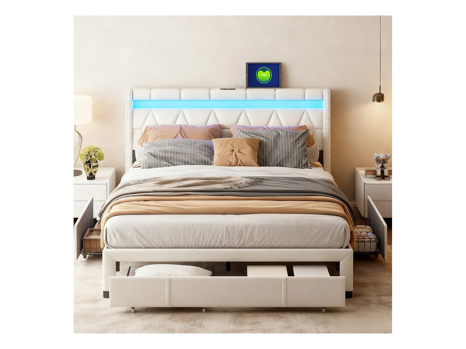 Lit 160x200 cm avec LED et USB - lit adulte 160x200 cm avec 4 tiroir - cadre de lit double 160x200 cm avec sommier à lattes - tissu en lin - beige