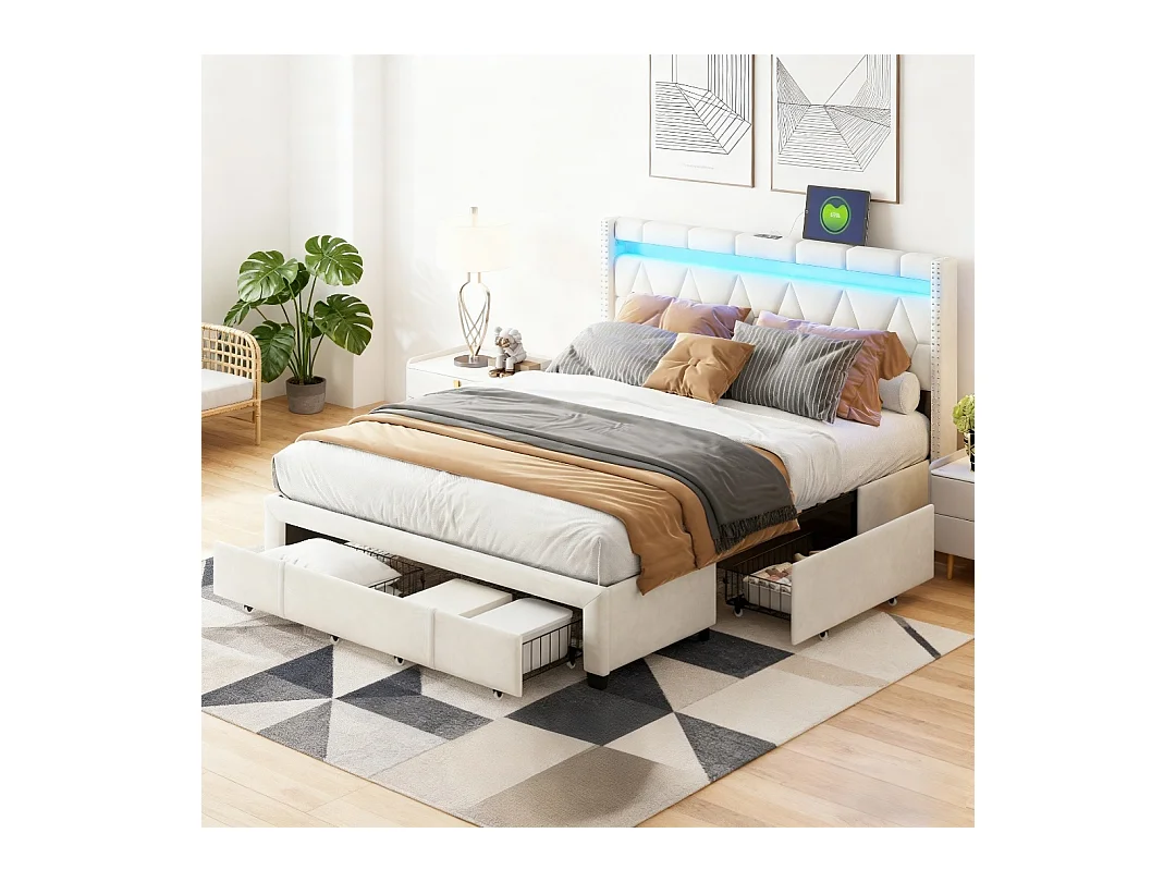 Lit 160x200 cm avec LED et USB - lit adulte 160x200 cm avec 4 tiroir - cadre de lit double 160x200 cm avec sommier à lattes - tissu en lin - beige