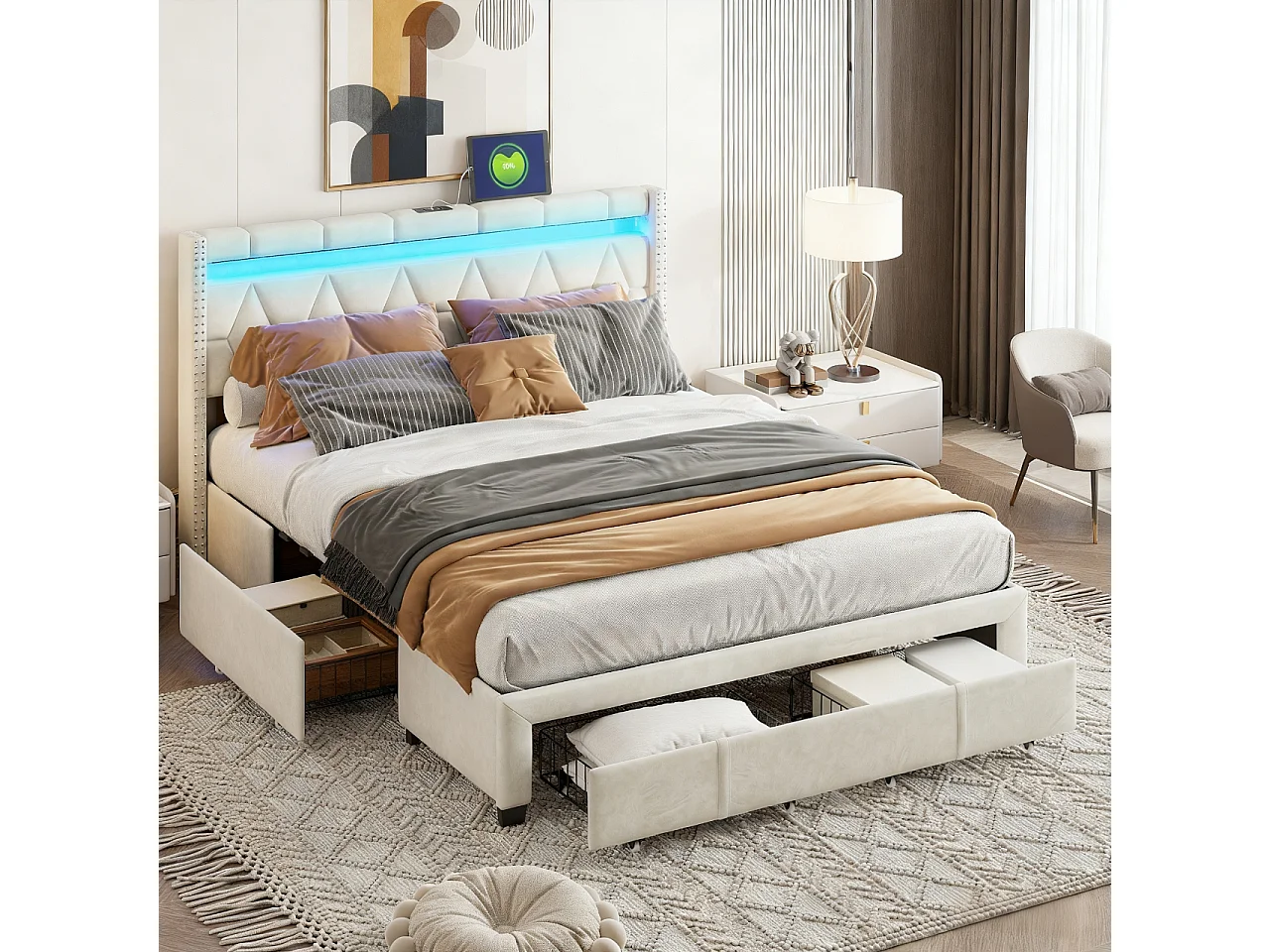 Lit 160x200 cm avec LED et USB - lit adulte 160x200 cm avec 4 tiroir - cadre de lit double 160x200 cm avec sommier à lattes - tissu en lin - beige