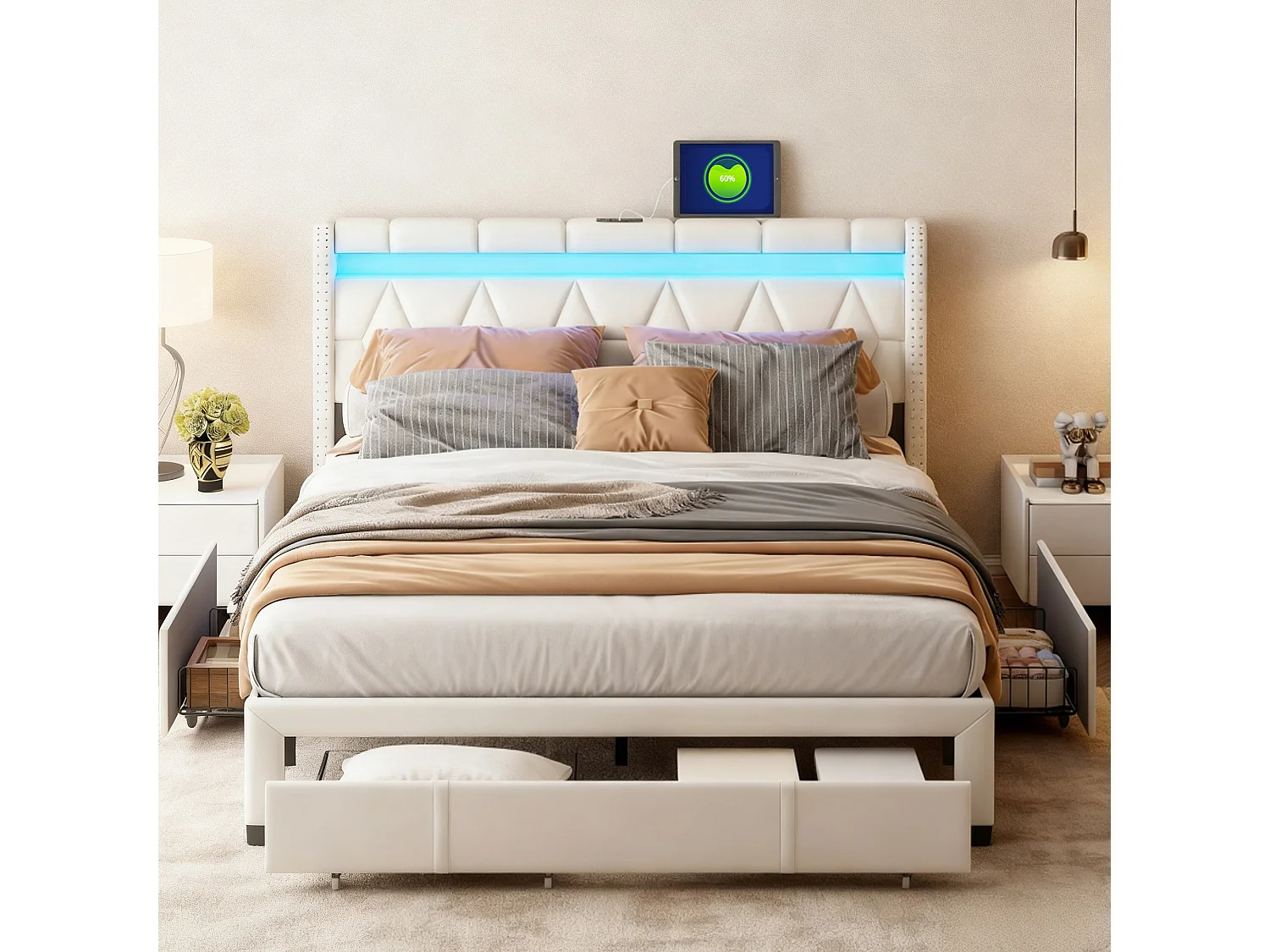 Lit 160x200 cm avec LED et USB - lit adulte 160x200 cm avec 4 tiroir - cadre de lit double 160x200 cm avec sommier à lattes - tissu en lin - beige