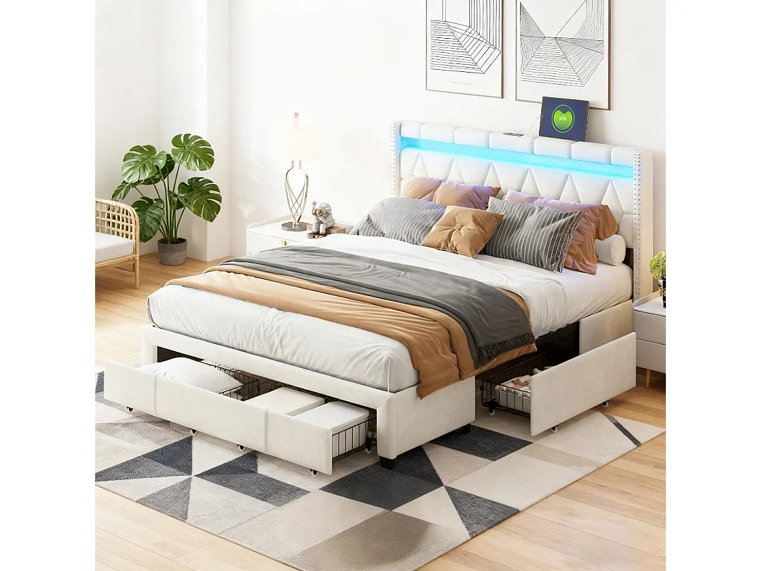 Lit 160x200 cm avec LED et USB - lit adulte 160x200 cm avec 4 tiroir - cadre de lit double 160x200 cm avec sommier à lattes - tissu en lin - beige