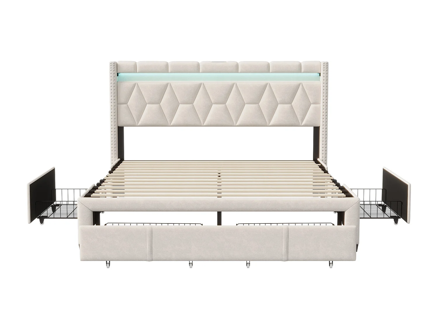 Lit 160x200 cm avec LED et USB - lit adulte 160x200 cm avec 4 tiroir - cadre de lit double 160x200 cm avec sommier à lattes - tissu en lin - beige