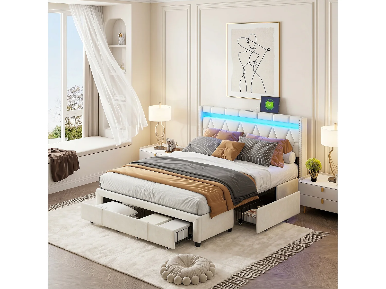 Lit double 160 x 200 cm - Lit adulte avec sommier à lattes, 4 tiroirs de rangement, LED et port USB - tissu effet lin beige