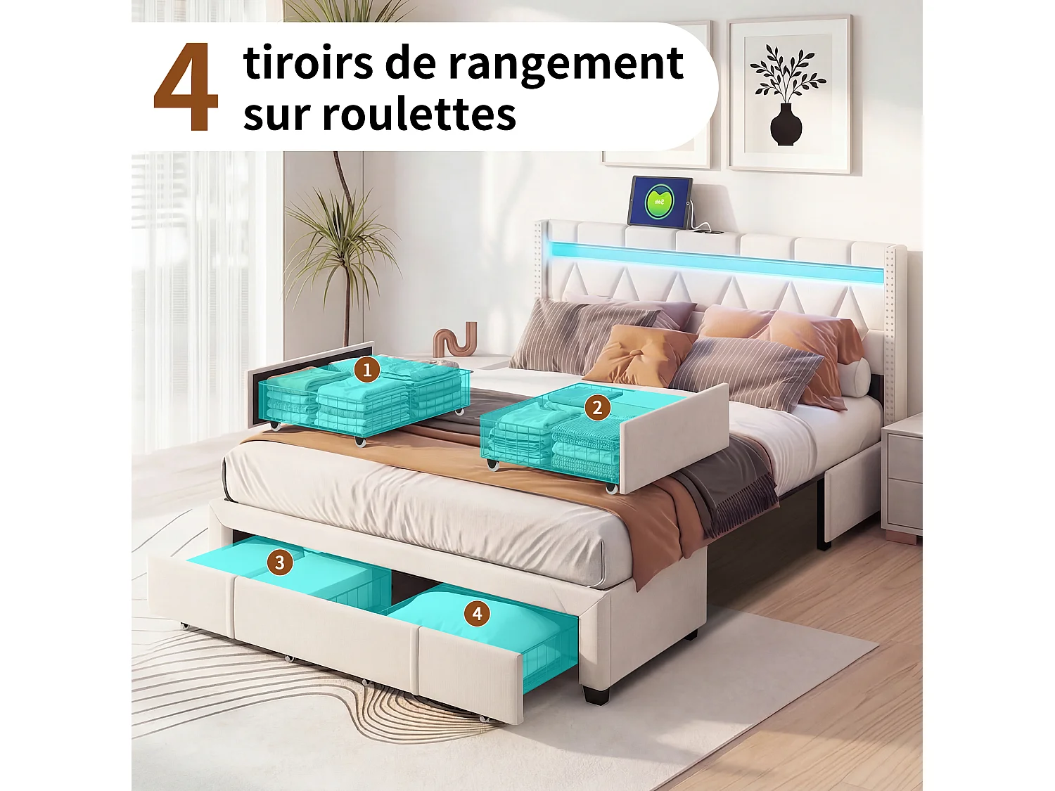Lit double 160 x 200 cm - Lit adulte avec sommier à lattes, 4 tiroirs de rangement, LED et port USB - tissu effet lin beige