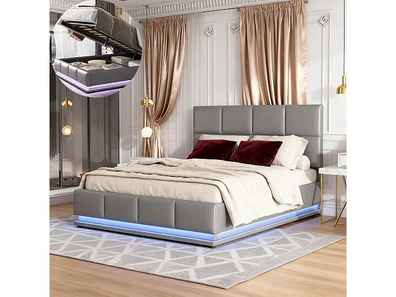 Lit coffre 140x190 avec LED, tête de lit réglable, lit 140x190 avec sommier à lattes, cadre de lit 140x190, lit capitonné en tissu PU 90x200 cm, gris