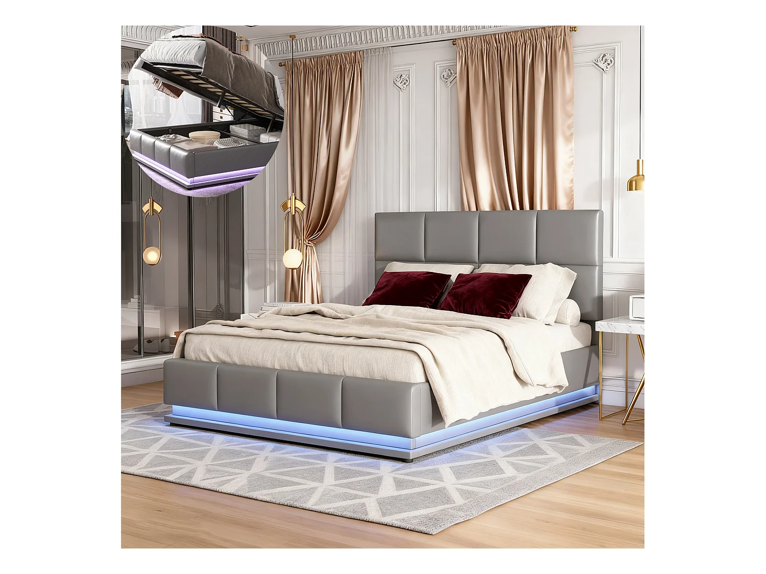 Lit coffre 140x190 avec LED, tête de lit réglable, lit 140x190 avec sommier à lattes, cadre de lit 140x190, lit capitonné en tissu PU 90x200 cm, gris