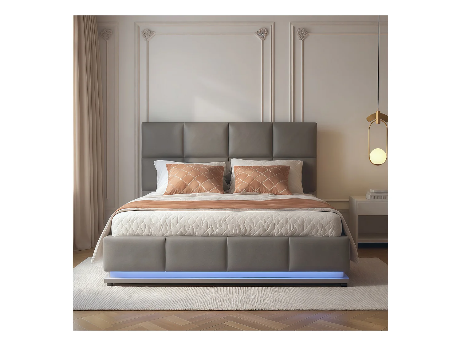 Lit coffre 140x190 avec LED, tête de lit réglable, lit 140x190 avec sommier à lattes, cadre de lit 140x190, lit capitonné en tissu PU 90x200 cm, gris