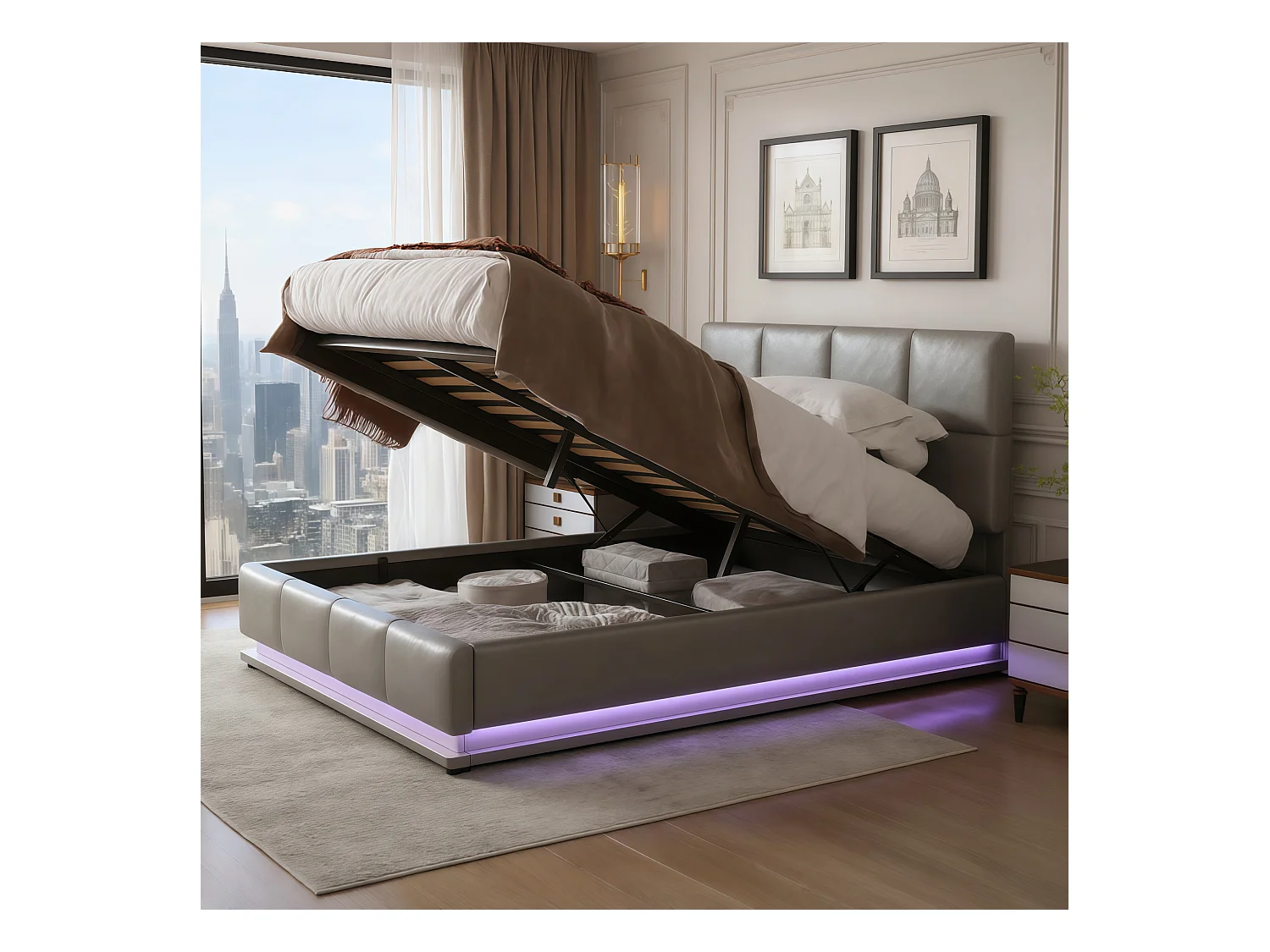 Lit coffre 140x190 avec LED, tête de lit réglable, lit 140x190 avec sommier à lattes, cadre de lit 140x190, lit capitonné en tissu PU 90x200 cm, gris