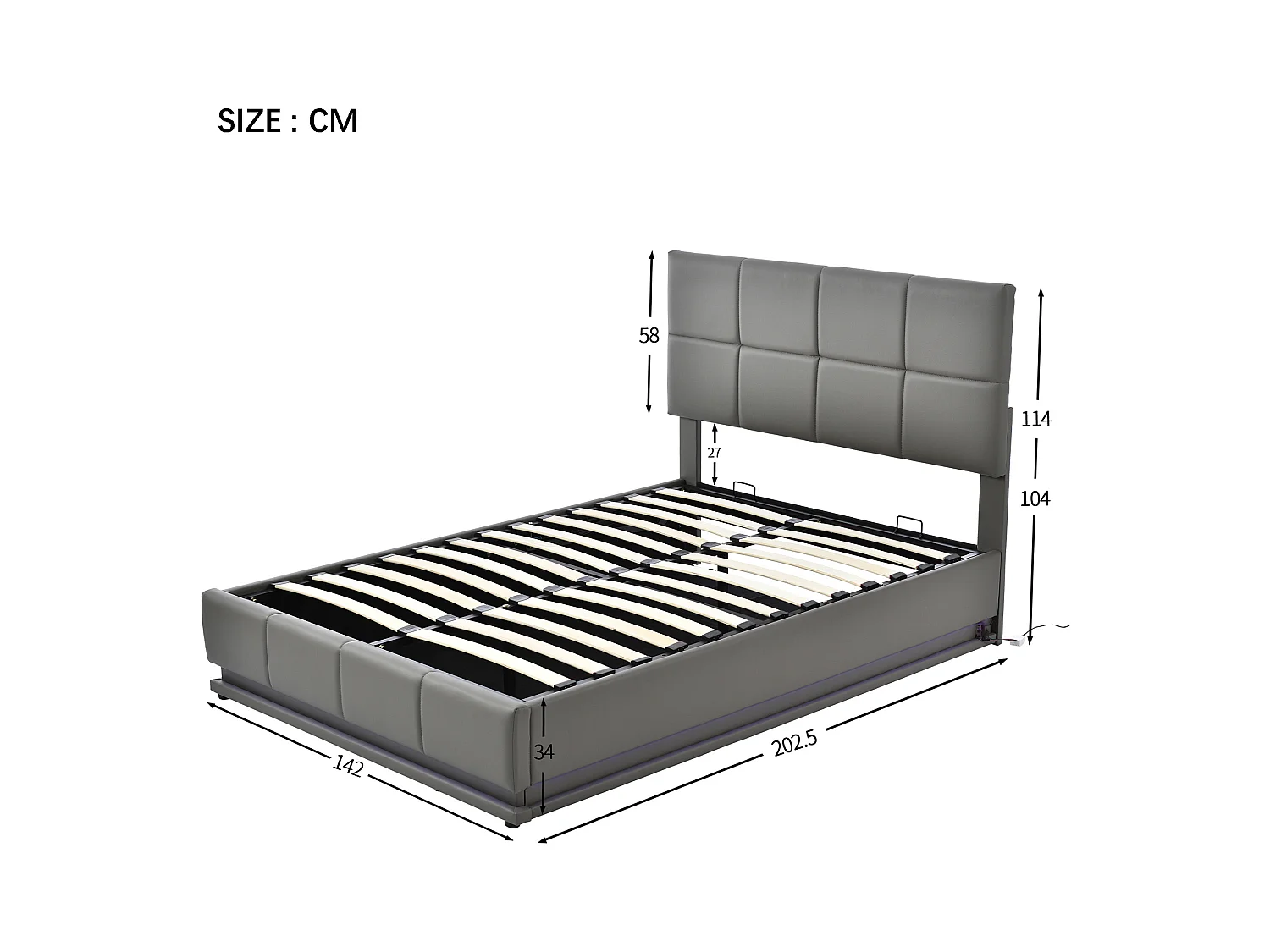 Lit coffre 140x190 avec LED, tête de lit réglable, lit 140x190 avec sommier à lattes, cadre de lit 140x190, lit capitonné en tissu PU 90x200 cm, gris